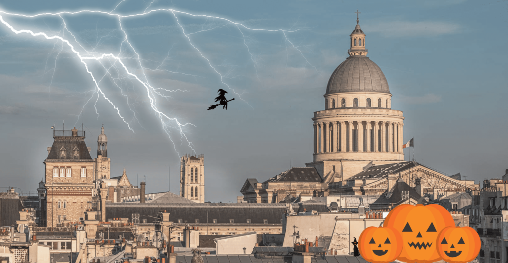 Paris est orageux, une sorcière est dans le ciel. Un dessin de citrouilles est en dessous du Panthéon.